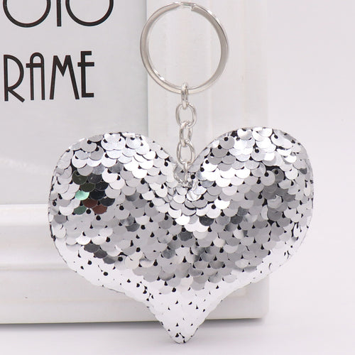 Sequin Heart Bag Charm with Reflective Keyring Design