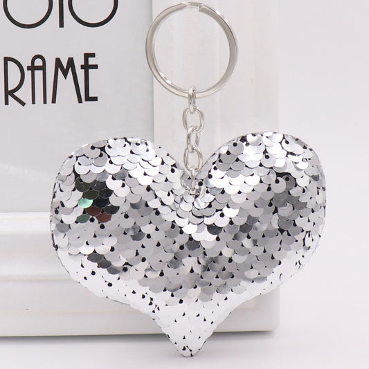 Sequin Heart Bag Charm with Reflective Keyring Design